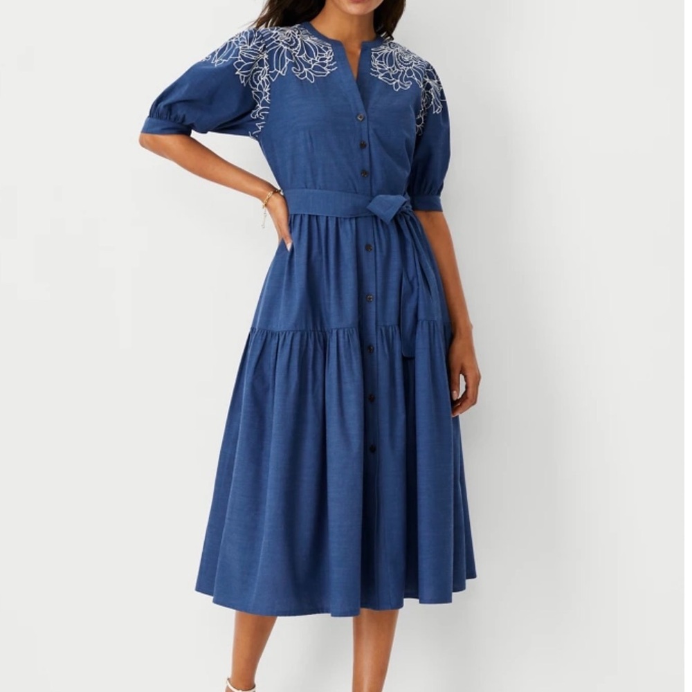 Ann Taylor Blue Embroidered Button-Front Midi Dress